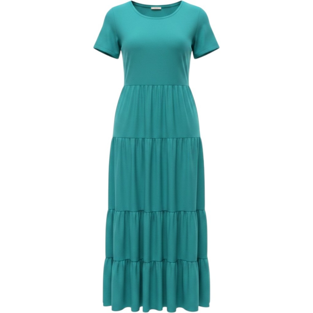 Soft Surroundings Kara Dress Tropical Green Tiered Maxi Knit Short Sleeve M